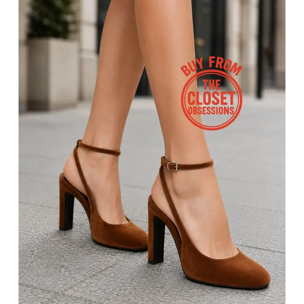 Zara NWT Brown Ocher Velvet Ankle Strap Rounded Toe High Heel Pumps 8 - Picture 5 of 16